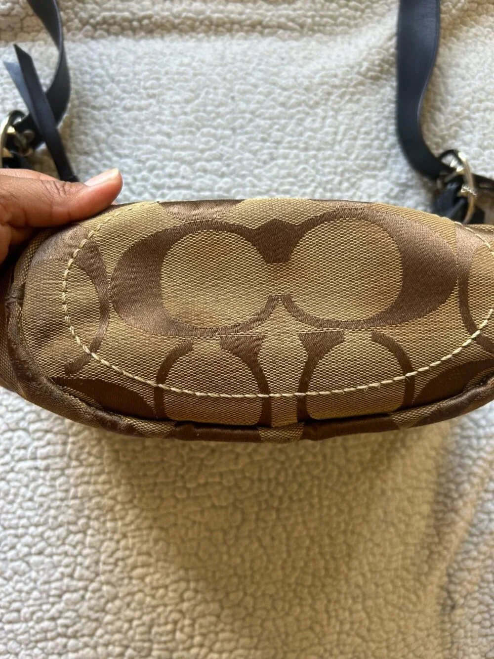 Coach -- tan/ brown signature C canvas, rugby duffel tote, blue stripe/ strap